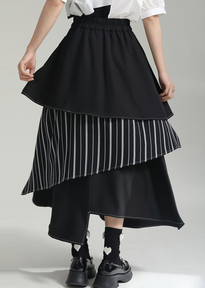 Black Striped Asymmetrical Patchwork Cotton Skirts Summer