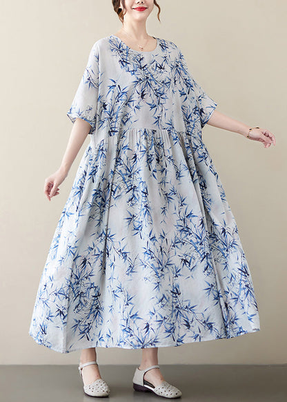 Blue Print Wrinkled Patchwork Robe Dresses Summer