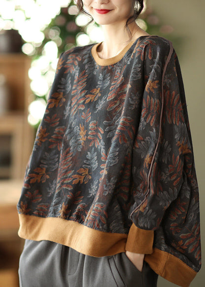 Loose Black O-neck Cotton Sweatshirt Top Batwing Sleeve