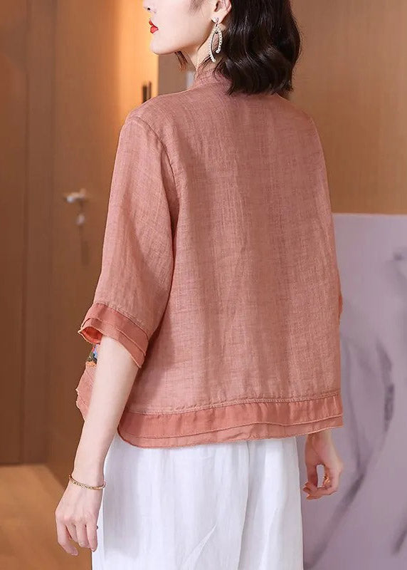 Pink Stand Collar Embroidered Button Linen Shirt Half Sleeve
