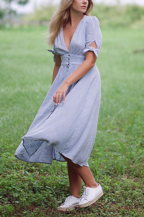 Vacation Button Knot Sleeve Dress