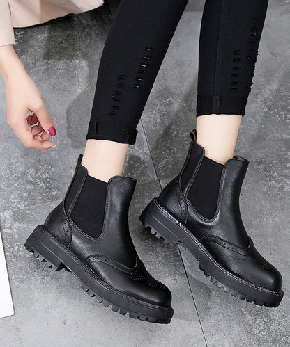 Black Chunky Cowhide Leather Hollow Out Boots
