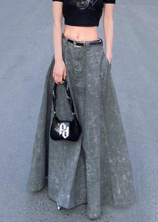 Grey Pockets High Waist Patchwork Denim Maxi Skirts Summer