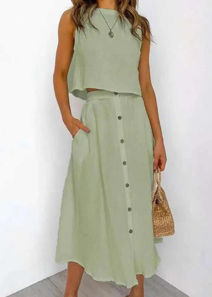 Brief Blue O-neck Top and Maxi Skirts Two Piece Set Summer