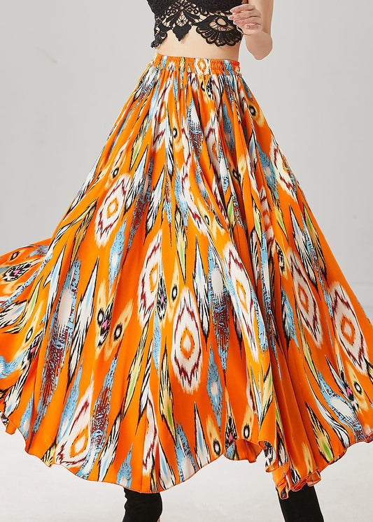 Orange Elastic Waist Print Chiffon Skirt Spring