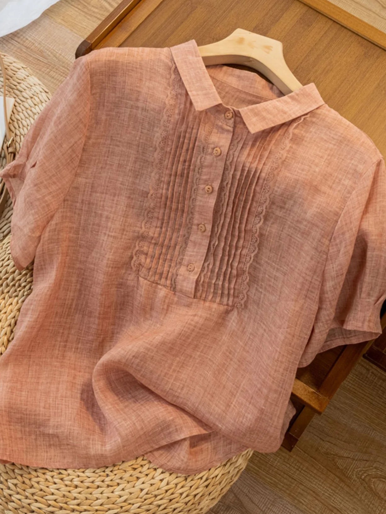 Color Short Sleeve Linen Pleated Top