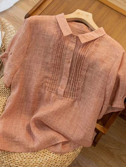 Color Short Sleeve Linen Pleated Top