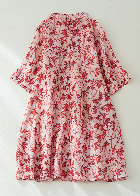 Diy Red Stand Collar Print Button Cotton Blend Holiday Cinch Dress Half Sleeve