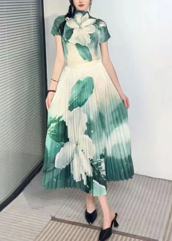 Italian Green Turtleneck Print Top and Skirts Two Piece Set Short Sleeve
