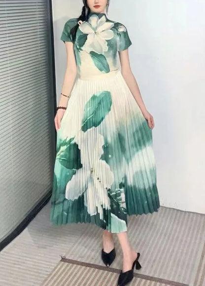 Italian Green Turtleneck Print Top and Skirts Two Piece Set Short Sleeve