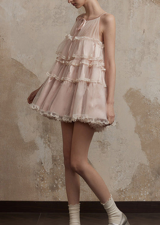 Pink Ruffled Patchwork Tulle Mini Dresses Summer