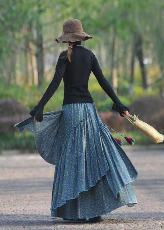 Blue Asymmetrical Print Elastic Waist Cotton Skirts Spring