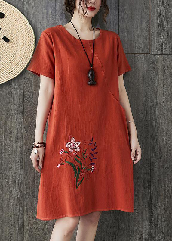 Orange O-neck Embroidered Pocket Linen Dresses Short Sleeve