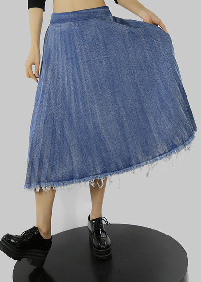 Blue Zip Up Elastic Waist Pleated Skirts Spring