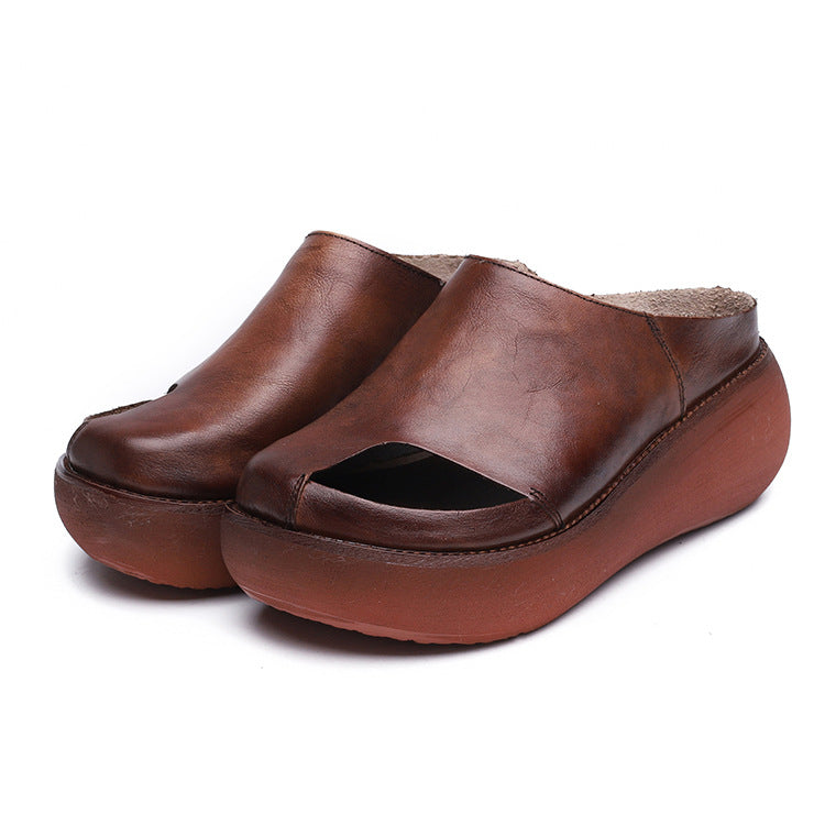 Retro Leather Wedge Slippers
