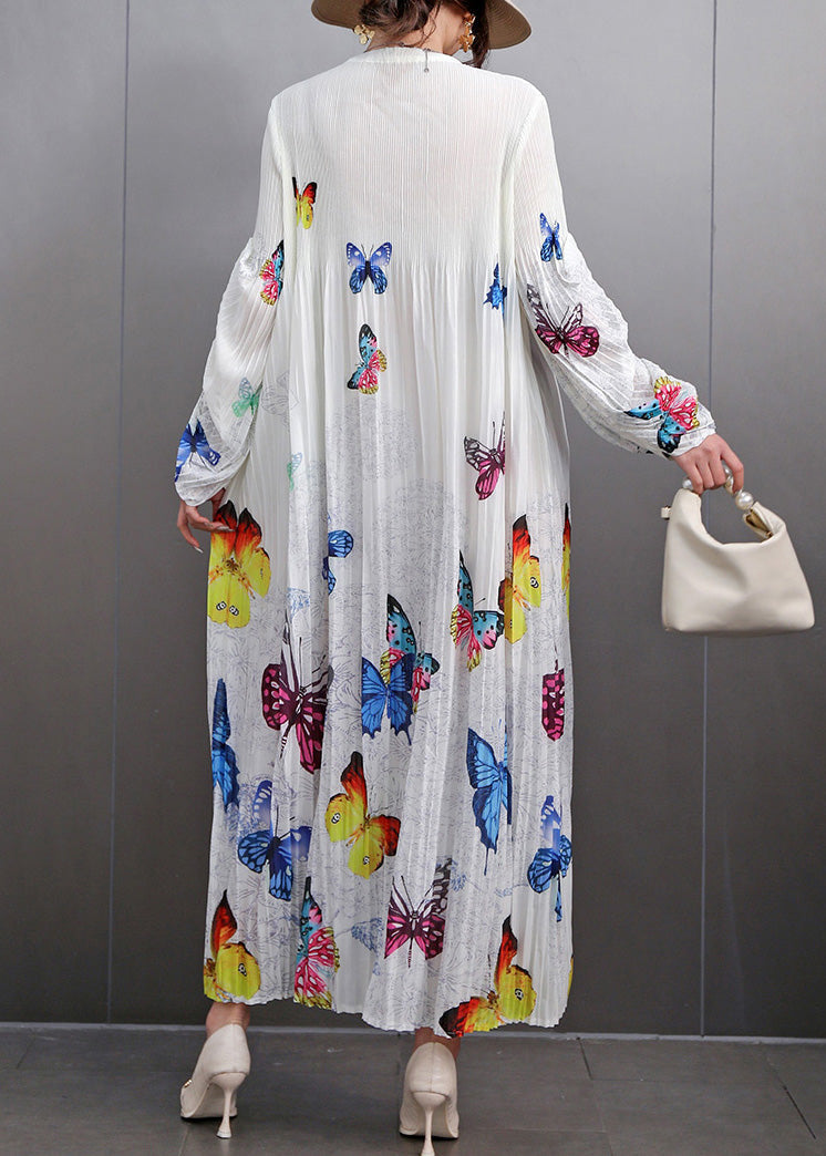 White Print Wrinkled Long Dress Fall