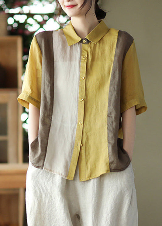 Yellow Peter Pan Collar Ramie Shirts Summer
