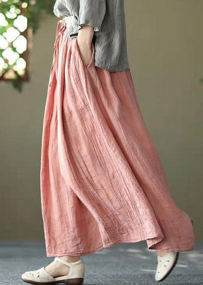 Blue Texture Pockets Wrinkled Tie Waist Linen Skirt Summer