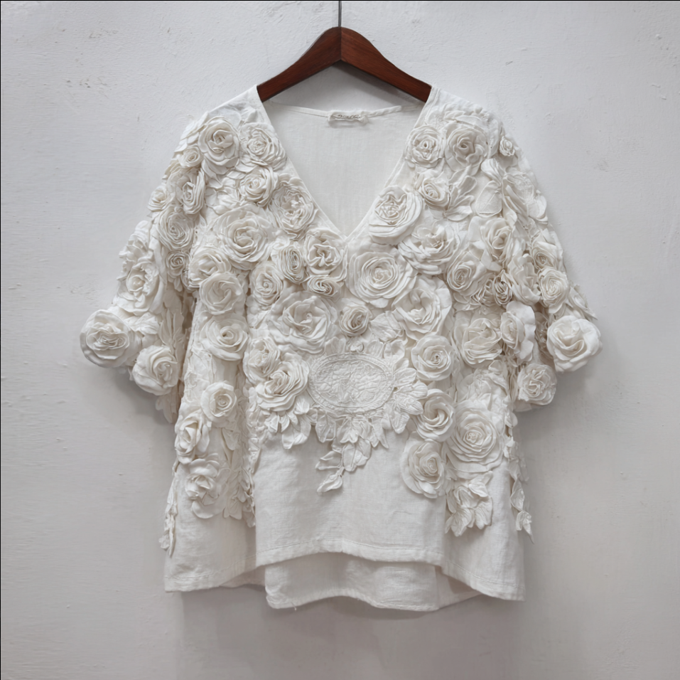 Bohemian Style Woman's V-neck White Rose Short-sleeved Shirt elevenforest