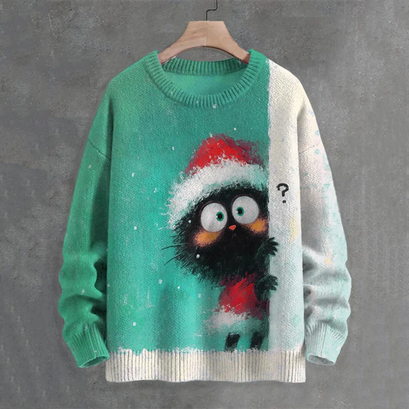 Men's Black Cat In Christmas Costume Hiding Art Print Casual Knit Crew Neck Sweater elevenforest