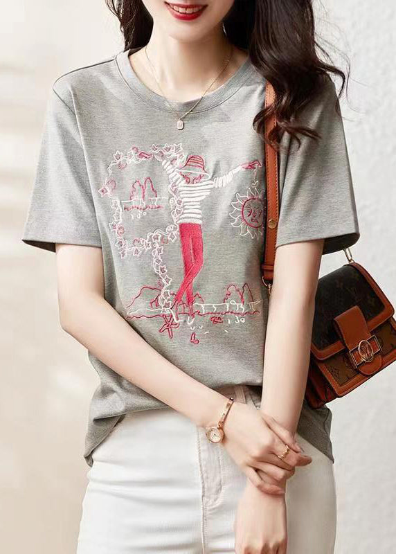 Grey O Neck Embroidered Patchwork Cotton T Shirt Summer