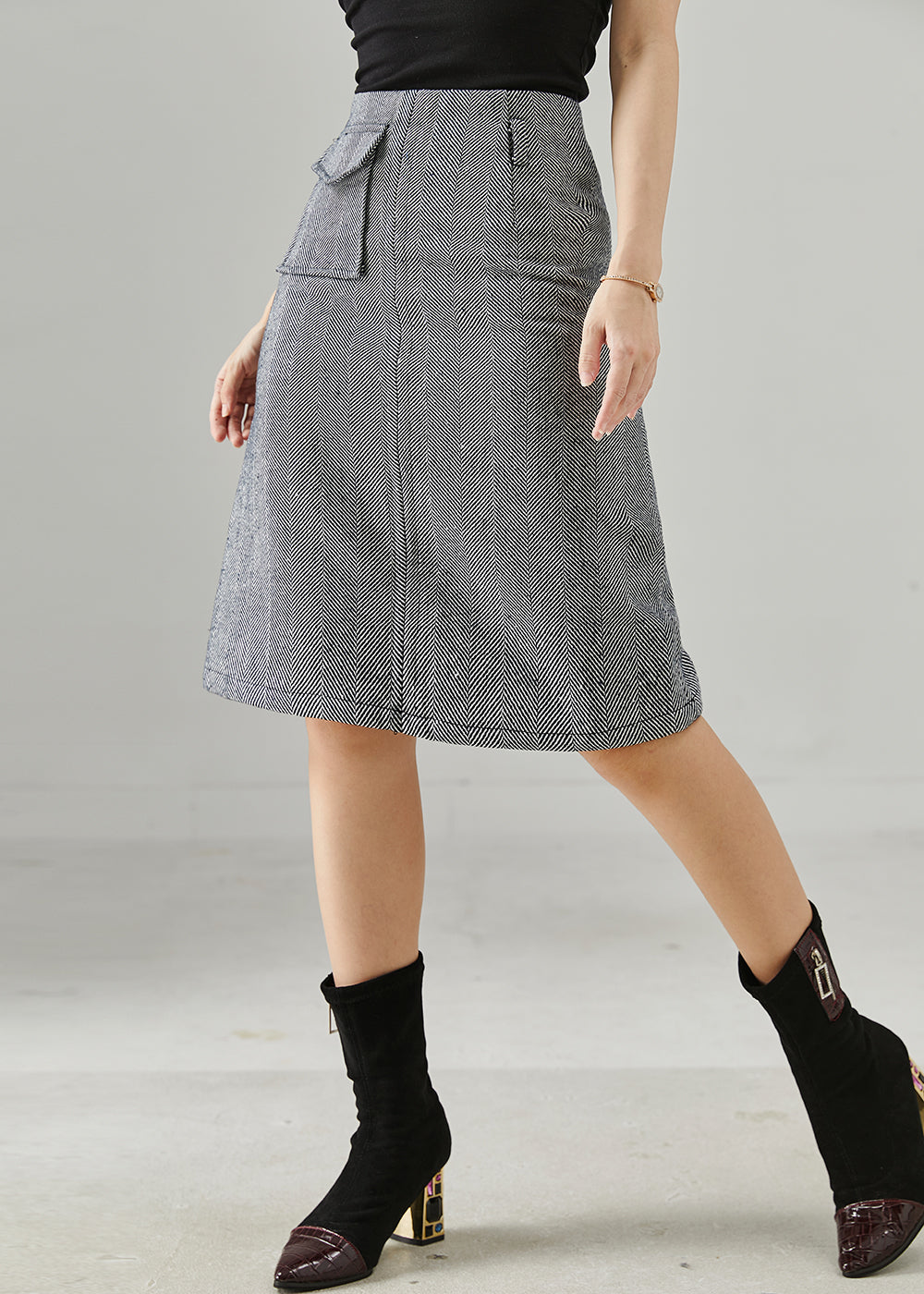 Grey Striped Pocket Cotton Wraped Skirts Fall