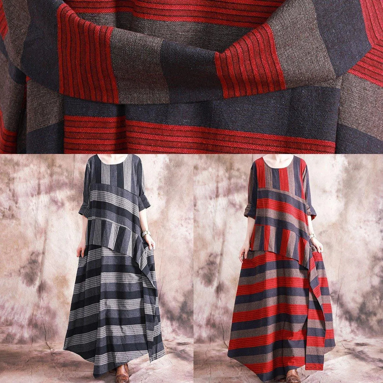Art Asymmetric Linen Dresses Catwalk Red Striped Patchwork Dress Fall