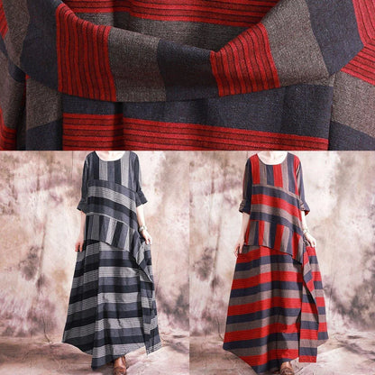 Art Asymmetric Linen Dresses Catwalk Red Striped Patchwork Dress Fall