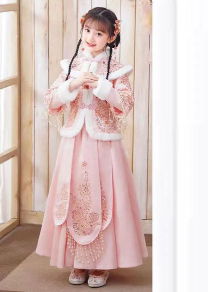 Pink Patchwork Warm Fleece Kids Coats and Maxi Skirts Two Piece Set Winter