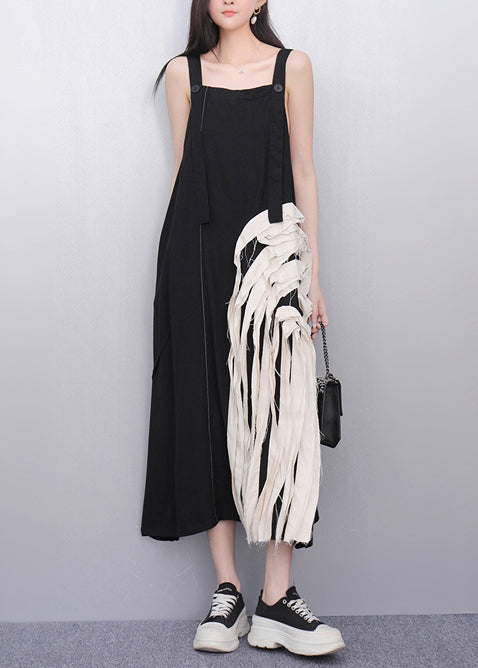Black Tasseled Patchwork Cotton Sundress Summer