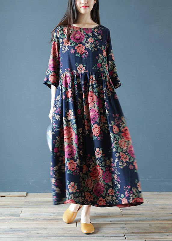 Italian O Neck Half Sleeve Cotton Clothes Neckline Blue Print Loose Dresses