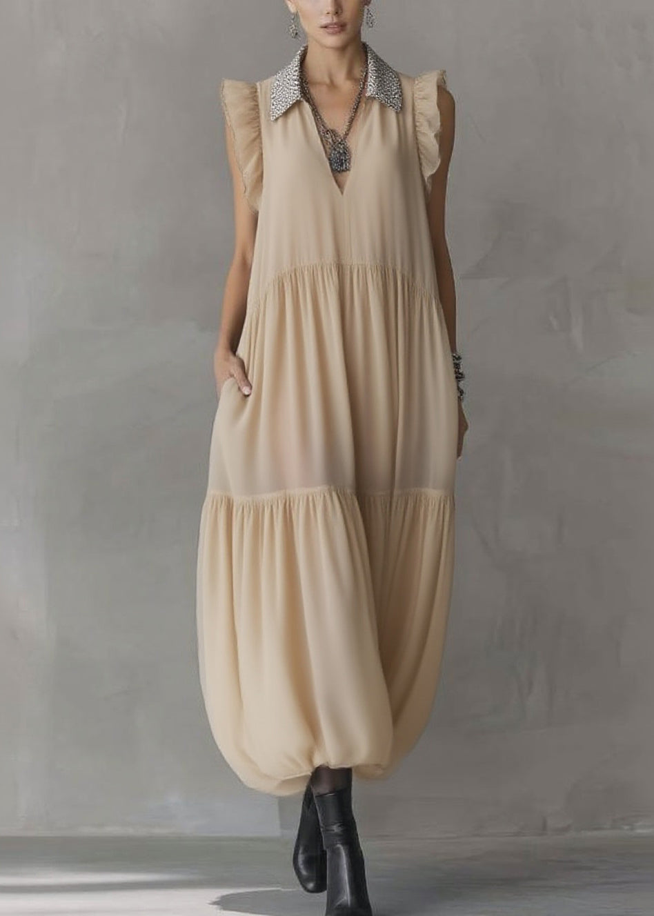Simple Apricot Peter Pan Collar Wrinkled Chiffon Maxi Dresses Summer