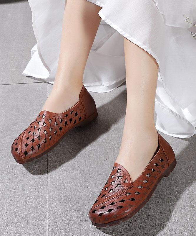 Hollow Out Flat Feet Shoes Khaki Cowhide Leather Embossed Flats Shoes