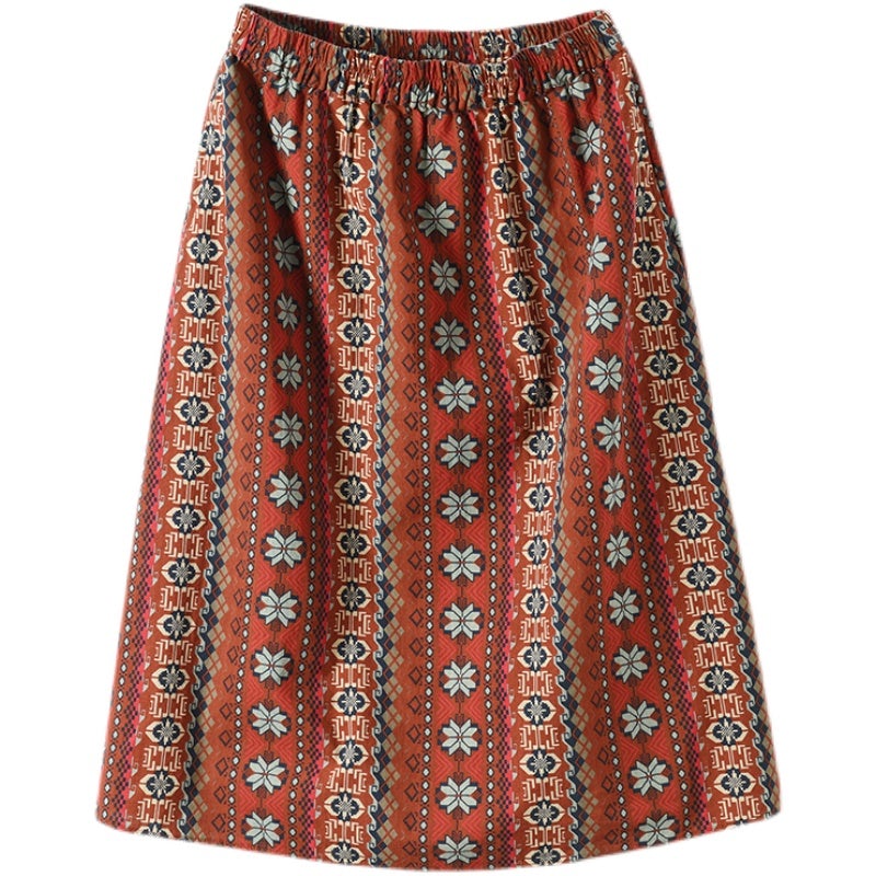 Retro Print Cotton Linen A-line Skirt