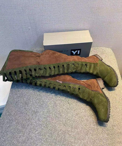 Splicing Zippered Chunky Knee Boots Green