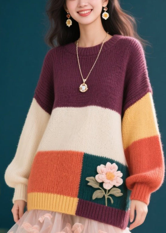 Stylish Colorblock O Neck Knit Sweaters Fall