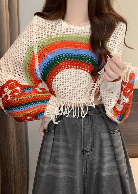 Brown O-neck Tassel Patchwork Knit Tops Fall
