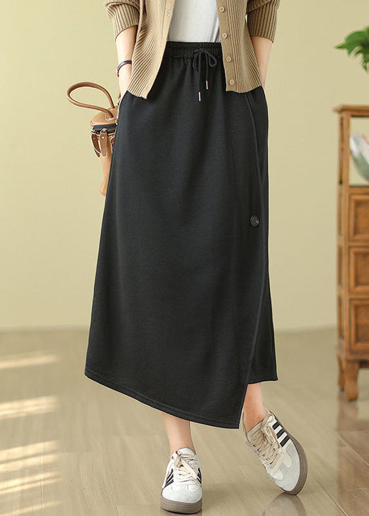 Black Asymmetrical Drawstring Cotton a Line Skirt Spring
