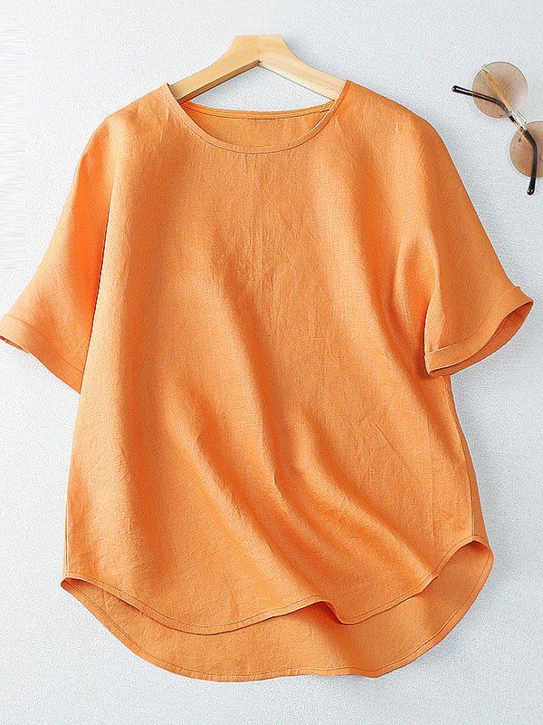 Pure Color Crew Neck Short Sleeve Linen Tee Top