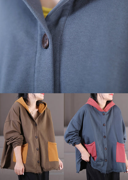 Retro Coffee Patchwork Cotton Hooded Coats Fall