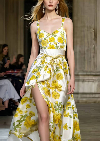 Silm Fit Yellow Print Side Open Silk Sundress Summer