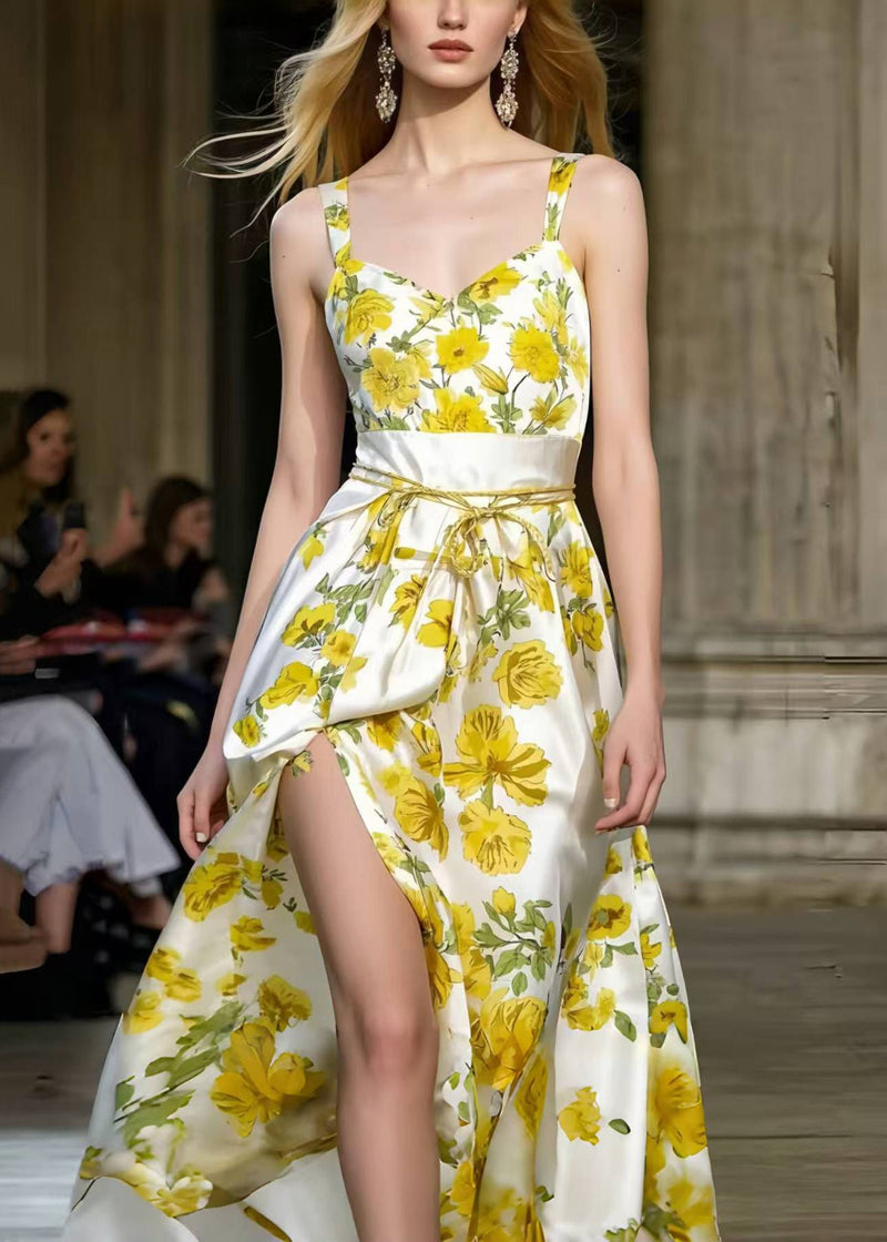 Silm Fit Yellow Print Side Open Silk Sundress Summer
