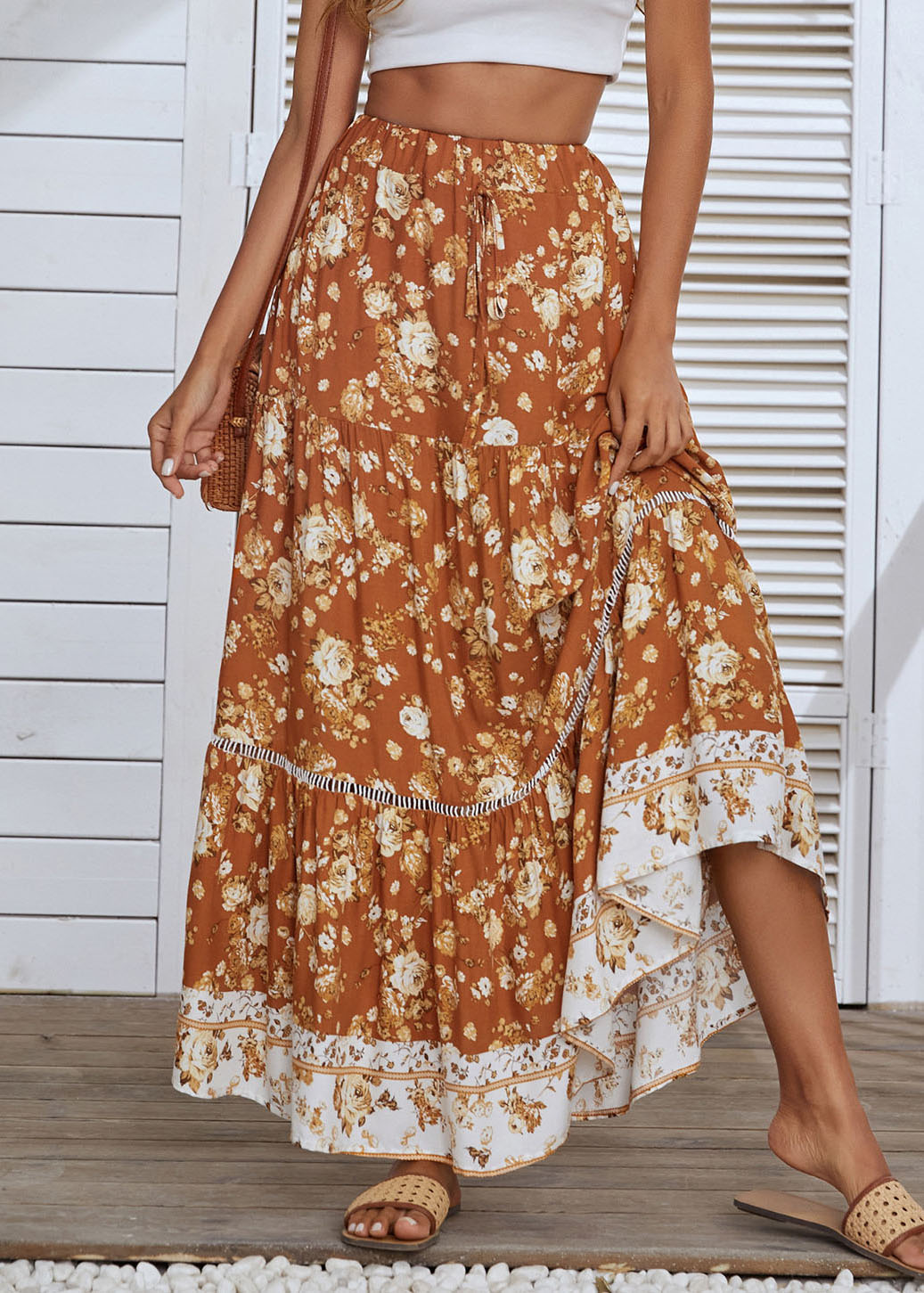 Ginger Elastic Waist Patchwork Print Cotton a Line Skirts Summer