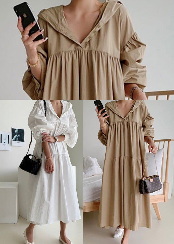 Coffee Hooded Exra Large Hem Cotton Holiday Dress Fall