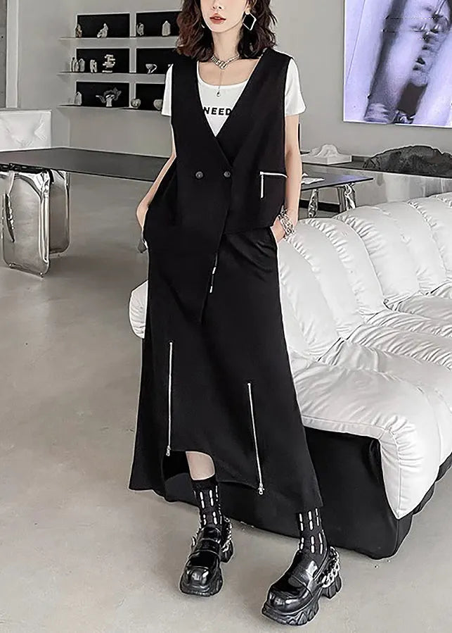 Unique Black Asymmetrical Patchwork Waistcoat and Skirts Cotton Two Pieces Set Sleeveless
