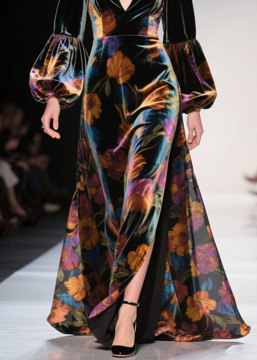 V Neck Print Side Open Velvet Robe Dresses Fall