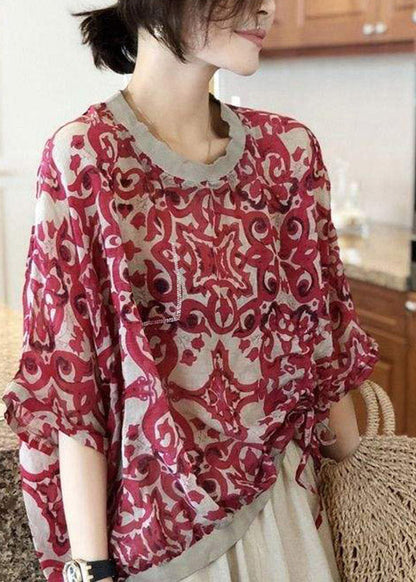 Red O-neck Print Chiffon Top Long Sleeve