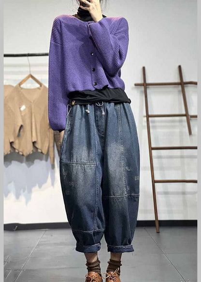 Blue Elastic Waist Patchwork Drawstring Cotton Denim Pants Fall