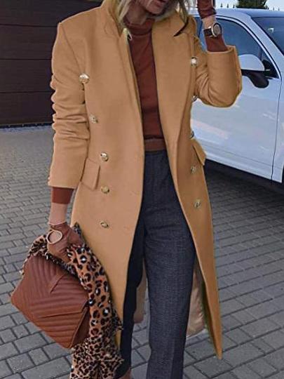 Coats Lapel Button Pocket Long Sleeve Woolen Coat