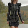 Comstylish Women's Halloween Skeleton Bones With Black Rose Art Cozy Knit Mini Sweater Dress